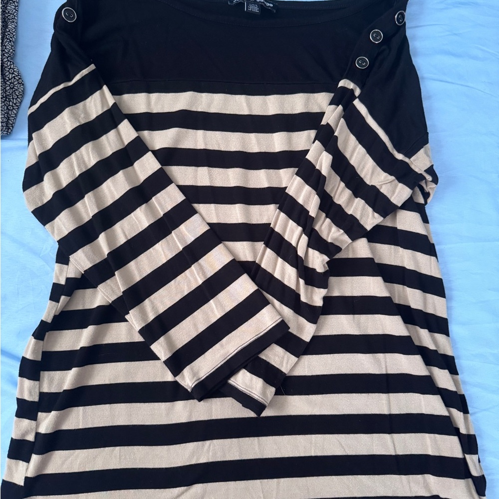 Striped Black and Tan Women's Top With Button Detail